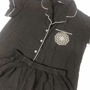 PJ short set, black w/ white trim, gold design on front pocket, womens size Med